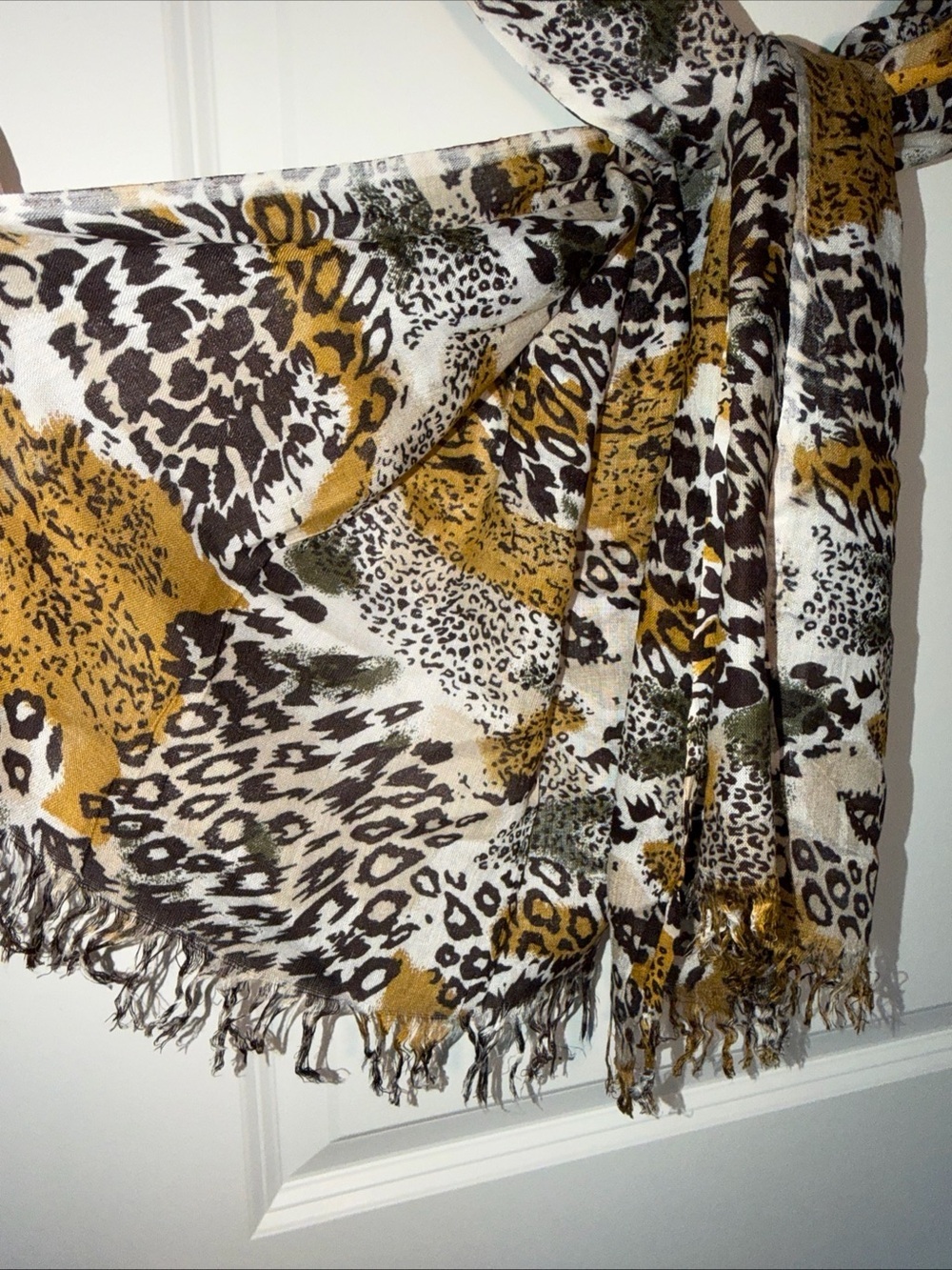 Deena & Ozzy Mustard Animal Print Fringe Scarf - Picture 3 of 3
